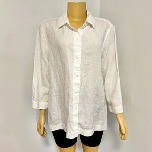 Liz Claiborne White Linen Blend 3/4 Sleeve Collared Button Front Shirt XL